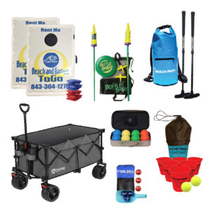 Beach sports including Beach Putt, Bottle Bash, Lightweight Cornhole, Beach Bocce, TidalBall, Bucketball & an Ultra Cargo Wagon for transport!