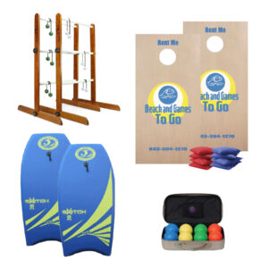 Ladder Ball Game Set, Cornhole Set, 2 Boogie Boards & Beach Bocce Package