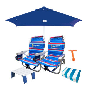 2 backpack beach chairs, an umbrella, a beach table & 2 beach towels