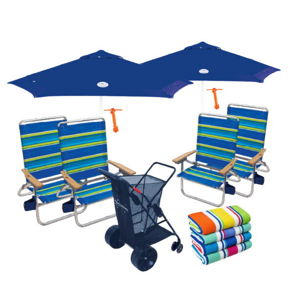 2 Umbrellas w/ anchors, 4 Easy in/out Beach Chairs, 4 Beach Towels, & a Beach Cart Package