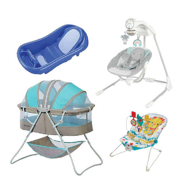 Bassinet, swing, bath tub & bouncy seat package
